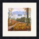 Lake District art framed print Autumn Walk by Derwentwater by local artist Jeff Sudders in a black frame.