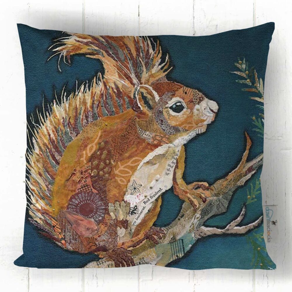 Cushion by Dawn Maciocia, red squirrel sat on a branch with a dark teal background