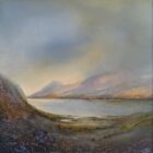 lake district art original oil and mixed media painting of Ullswater by peter dworok with moody skies and heavy cloud and misty atmosphere in green and blue and texture foliage in foreground