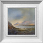 lake district art original oil and mixed media painting of Ullswater by peter dworok with moody skies and heavy cloud and misty atmosphere in green and blue and texture foliage in foreground