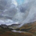 Lake District art original acrylic painting Cloud over Blea Tarn by local artist Cally Lawson showing moody skies at Langdale.