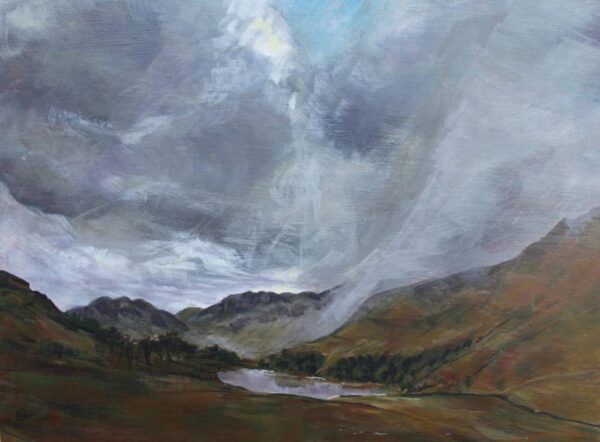 Lake District art original acrylic painting Cloud over Blea Tarn by local artist Cally Lawson showing moody skies at Langdale.