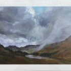 Lake District art original painting of Cloud over Blea Tarn in Langdale by local artist Cally Lawson in a white frame.