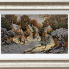 Lake District art original oil painting by Richard Telford of a snowy hamlet with dog walker warm lights charm children playing