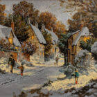 Lake District art original oil painting by Richard Telford of a snowy hamlet with dog walker warm lights charm children playing