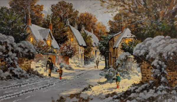 Lake District art original oil painting by Richard Telford of a snowy hamlet with dog walker warm lights charm children playing