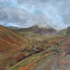 Lake District art original acrylic painting Glenridding Common by local artist Cally Lawson showing a footpath leading over the fells with glimpses of blue sky through the clouds.