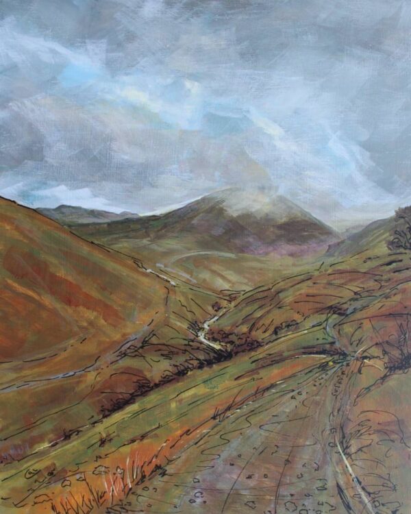 Lake District art original acrylic painting Glenridding Common by local artist Cally Lawson showing a footpath leading over the fells with glimpses of blue sky through the clouds.