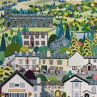 lake district art original painting by local artist linda mellin of hawkshead village landmarks near windermere in collage style with bright acrylic colours
