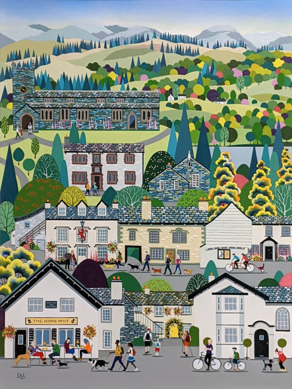 lake district art original painting by local artist linda mellin of hawkshead village landmarks near windermere in collage style with bright acrylic colours
