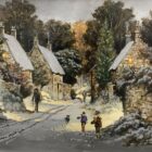 Joys of Snow an original oil painting by Richard Telford. A classic winter scene of a charming countryside village. Two children are playing in the snow and a dog walker