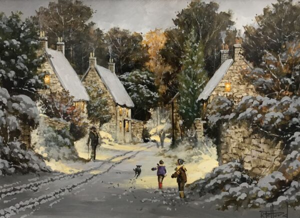 Joys of Snow an original oil painting by Richard Telford. A classic winter scene of a charming countryside village. Two children are playing in the snow and a dog walker