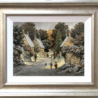 Joys of Snow an original oil painting by Richard Telford. A classic winter scene of a charming countryside village. Two children are playing in the snow and a dog walker