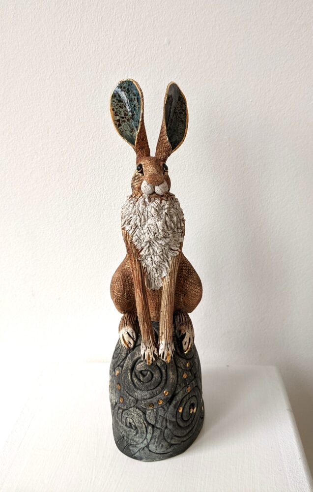 Small Hare on Hill by Gin Durham Ceramic Hare sculpture handmade by Gin Durham