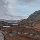 lake district art original acrylic painting by local artist cally lawson a view of stickle tarn in the langdale valley mountain background autumn colours