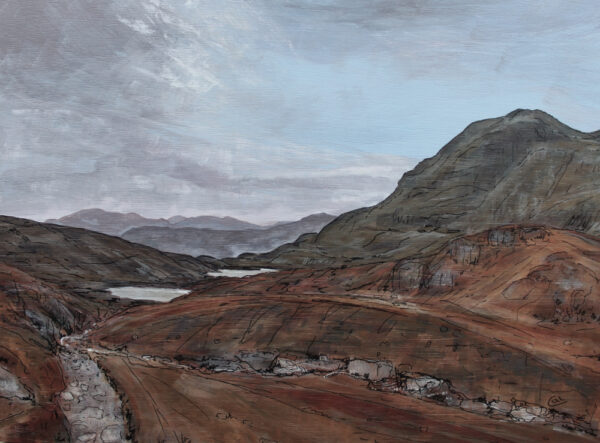 lake district art original acrylic painting by local artist cally lawson a view of stickle tarn in the langdale valley mountain background autumn colours