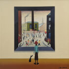 lake district art original painting by chris chapman in the style of l s lowry. A contemporary gallery series of a man and his dog viewing iconic paintings with funny connotations