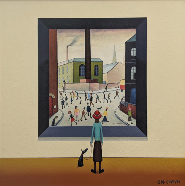 lake district art original painting by chris chapman in the style of l s lowry. A contemporary gallery series of a man and his dog viewing iconic paintings with funny connotations