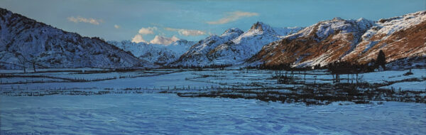 Lake District art by local artist simon whitfield. oil painting of the view of the Langdale Valley near Ambleside in winter with the langdale pikes and surrounding fells covered in snow