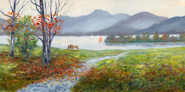 Lake District art by Jeff Sudders. Open Edition Giclee Print Derwentwater from Crow Park features a view of Catbells near Keswick in Autumn with a couple on a bench and sail boats on the lake