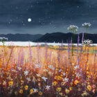 Lake District art by Jeff Sudders. Evening Sky over Windermere features a dark night sky with stars & mountain silhouettes below contrasting with the bright red flowers and field