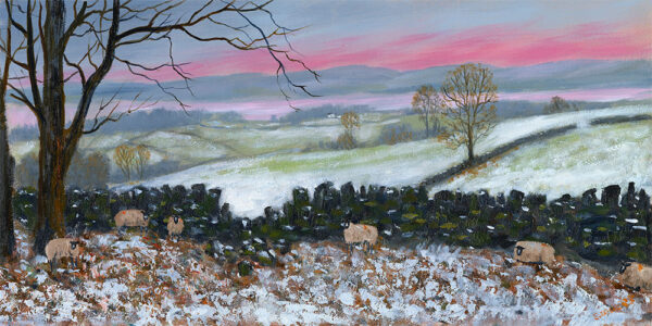 Lake District art by Jeff Sudders. Hole in the Wall features a winter sunset with sheep sheltering near a stone wall with snow and distant lakes and mountains