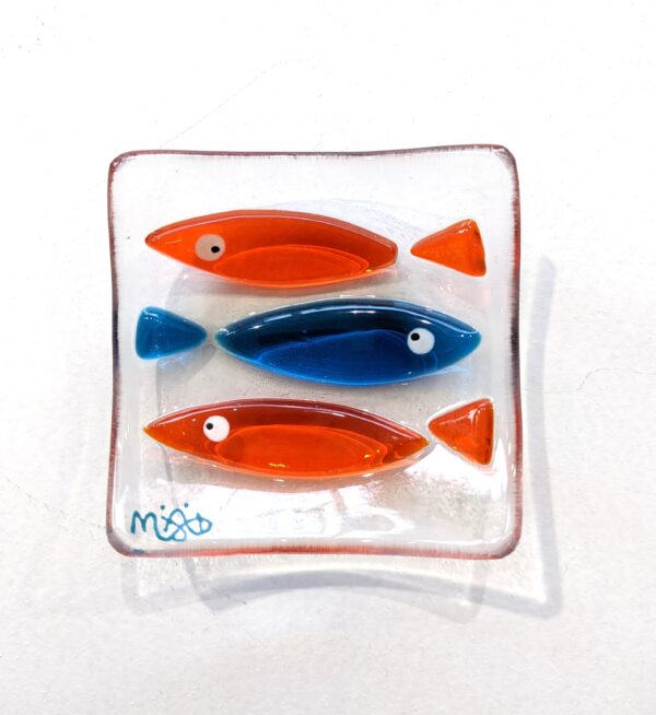 Hand fused glass ring dish using teal and orange glass by Mother and Daughter glass.