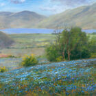 Lake District art by Jeff Sudders. Rannerdale Bluebells features an iconic spring scene near crummock water in the Buttermere Valley with a couple walking their dog.
