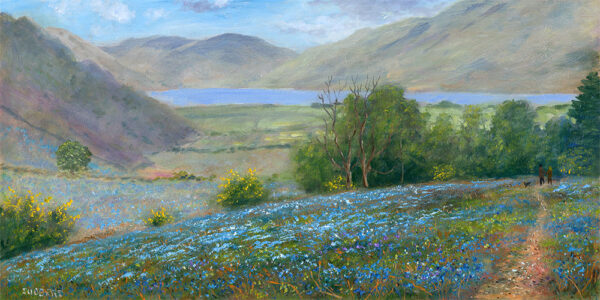 Lake District art by Jeff Sudders. Rannerdale Bluebells features an iconic spring scene near crummock water in the Buttermere Valley with a couple walking their dog.