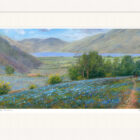 Lake District art by Jeff Sudders. Rannerdale Bluebells features an iconic spring scene near crummock water in the Buttermere Valley with a couple walking their dog.