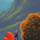 lake district art by david renshaw. Say You Love Me - a northern romance ted and doris with large red heart under the fells mountains