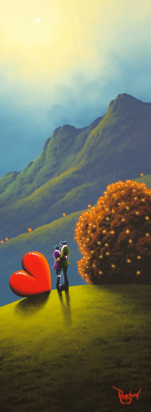 lake district art by david renshaw. Say You Love Me - a northern romance ted and doris with large red heart under the fells mountains