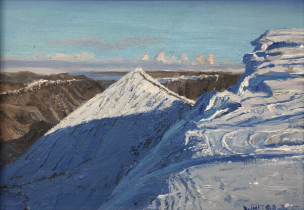 lake district art original oil painting by local artist simon whitfield winter snow covered catstyecam swirrel edge ridge and helvellyn summit