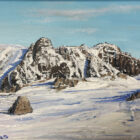 lake district art original oil painting by local artist simon whitfield towards the langdales winter scene snow covered fells pavey ark pike o stickle thorn crag
