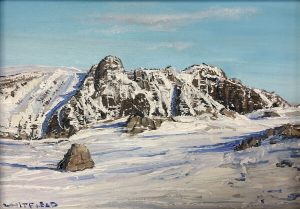lake district art original oil painting by local artist simon whitfield towards the langdales winter scene snow covered fells pavey ark pike o stickle thorn crag