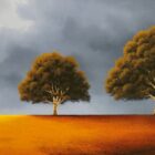 lake district art original oil painting by artist david renshaw adventures of ted and doris northern romance. The couple are out with their dog under the cloudy moonlit sky with trees