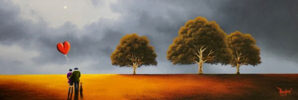 lake district art original oil painting by artist david renshaw adventures of ted and doris northern romance. The couple are out with their dog under the cloudy moonlit sky with trees