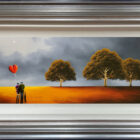 lake district art original oil painting by artist david renshaw adventures of ted and doris northern romance. The couple are out with their dog under the cloudy moonlit sky with trees