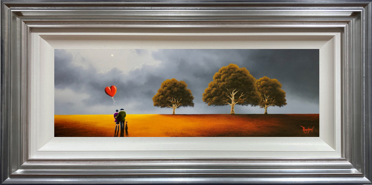 lake district art original oil painting by artist david renshaw adventures of ted and doris northern romance. The couple are out with their dog under the cloudy moonlit sky with trees
