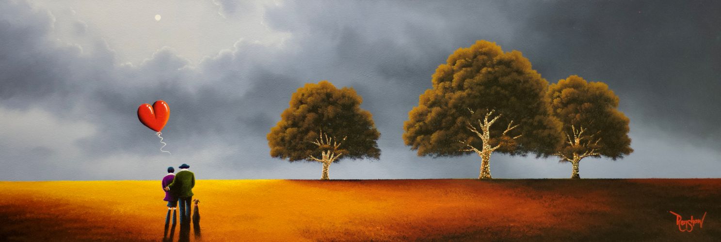 Stronger Together by David Renshaw lake district art original oil painting by artist david renshaw adventures of ted and doris northern romance. The couple are out with their dog under the cloudy moonlit sky with trees