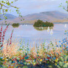 Lake District art by Jeff Sudders. Open Edition Giclee Print Windermere Islands is a bright summer scene with wildflowers & foliage in front with mountains in the distance & boats on the lake
