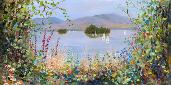 Lake District art by Jeff Sudders. Open Edition Giclee Print Windermere Islands is a bright summer scene with wildflowers & foliage in front with mountains in the distance & boats on the lake