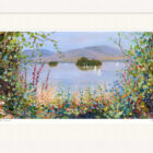 Lake District art by Jeff Sudders. Open Edition Giclee Print Windermere Islands is a bright summer scene with wildflowers & foliage in front with mountains in the distance & boats on the lake