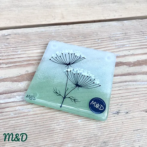 Hand fused glass coaster in green featuring cow parsley design glass by Mother and Daughter glass.