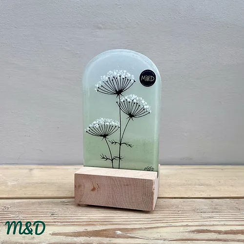 Hand fused glass standing sun catcher in green featuring cow parsley design glass by Mother and Daughter glass.