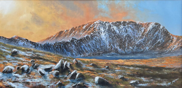 lake district art original oil painting of helvellyn face with red tarn striding edge and swirral edge original oil painting in sunset winter colours