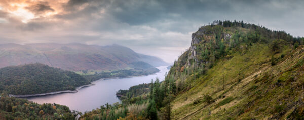 Lake District Art Photographer Print by local artist Nathan Buckley. breaking light over thirlmere reservoir and raven crag