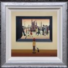 lake district art original oil painting by chris chapman in the style of L S Lowry painting with lady and dog viewing in gallery series framed