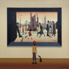lake district art original oil painting by chris chapman in the style of L S Lowry painting with lady and dog viewing in gallery series
