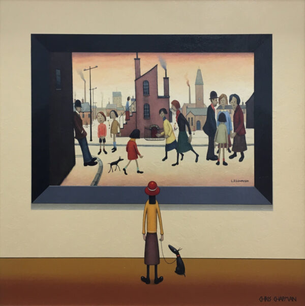 lake district art original oil painting by chris chapman in the style of L S Lowry painting with lady and dog viewing in gallery series
